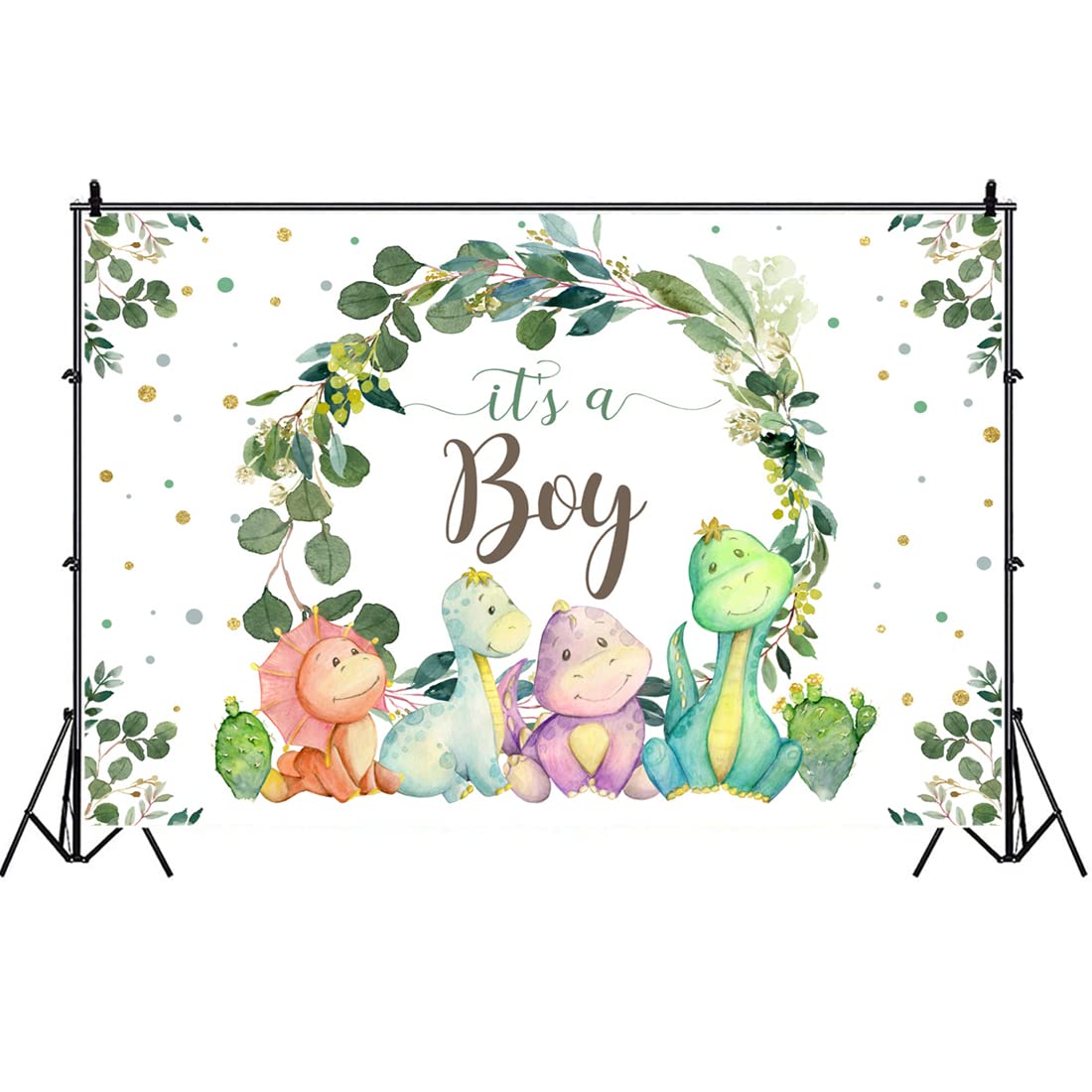 6X4Ft It'S A Boy Backdrop Baby Shower Cartoon Dinosaur Cactus And Eucalyptus Leaves Photography Background Kids Party Supplies C