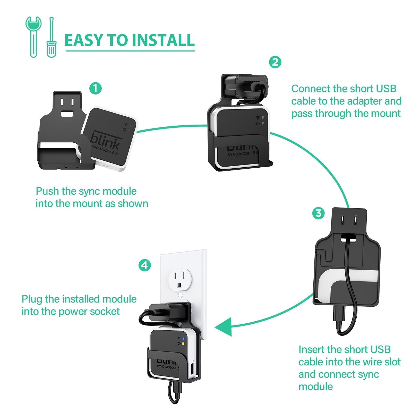 Outlet Wall Mount Compatible With Blink Sync Module 2 With Short Cable 2 Pack,Mount Barket Holder For Blink Sync Module, No Mess