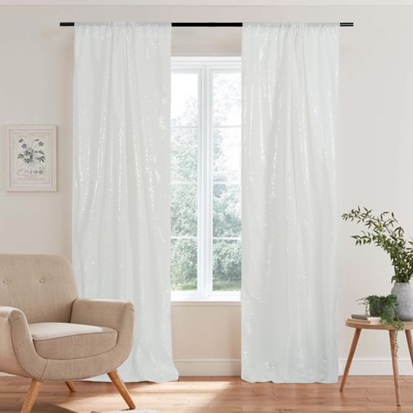 Partydelight White 2Ft X 8Ft Sparkly Sequin Backdrop Curtains, 2 Panels, For Wedding, Party, Room Decorations