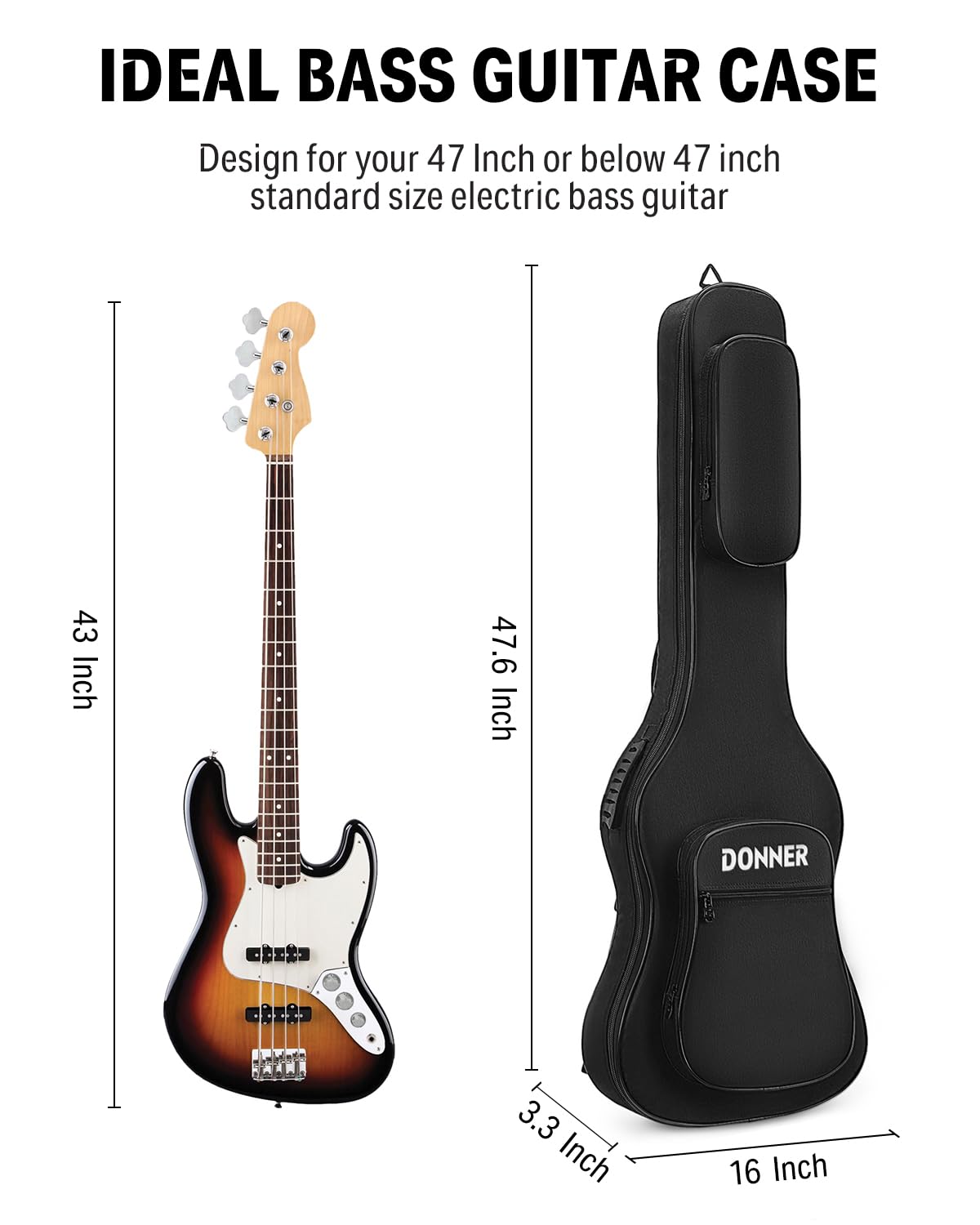 Donner 47 Inch Bass Guitar Case, 0.4 Inch Thick Padding Sponge 600D Ripstop Waterproof Nylon Soft Electric Bass Guitar Gig Bag W