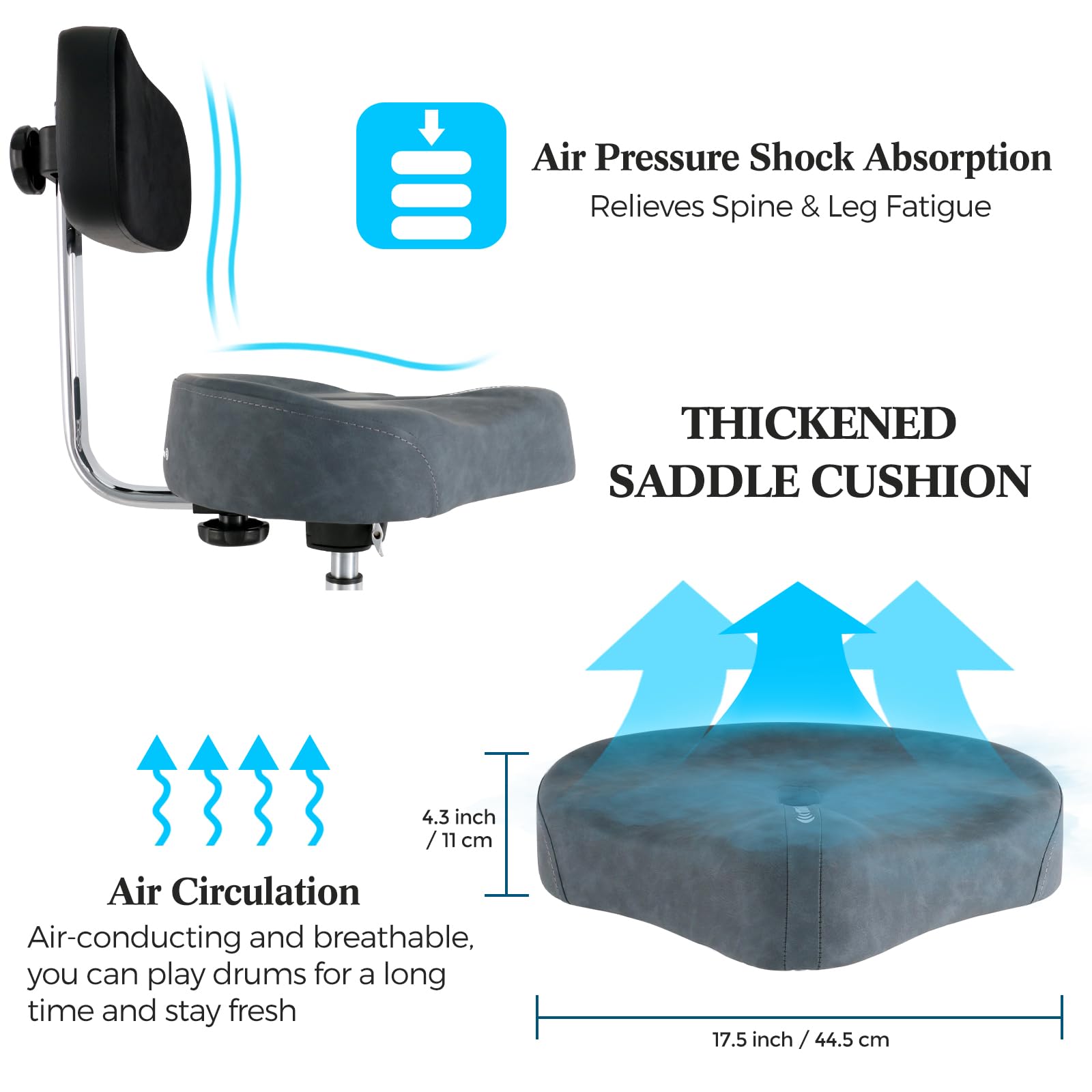 Rowell Drum Throne With Backrest Hydraulic Drum Stool Height Adjustable Airlift Drum Thrones 4 Leg Heavy Duty Drum Seat 4.3 In T