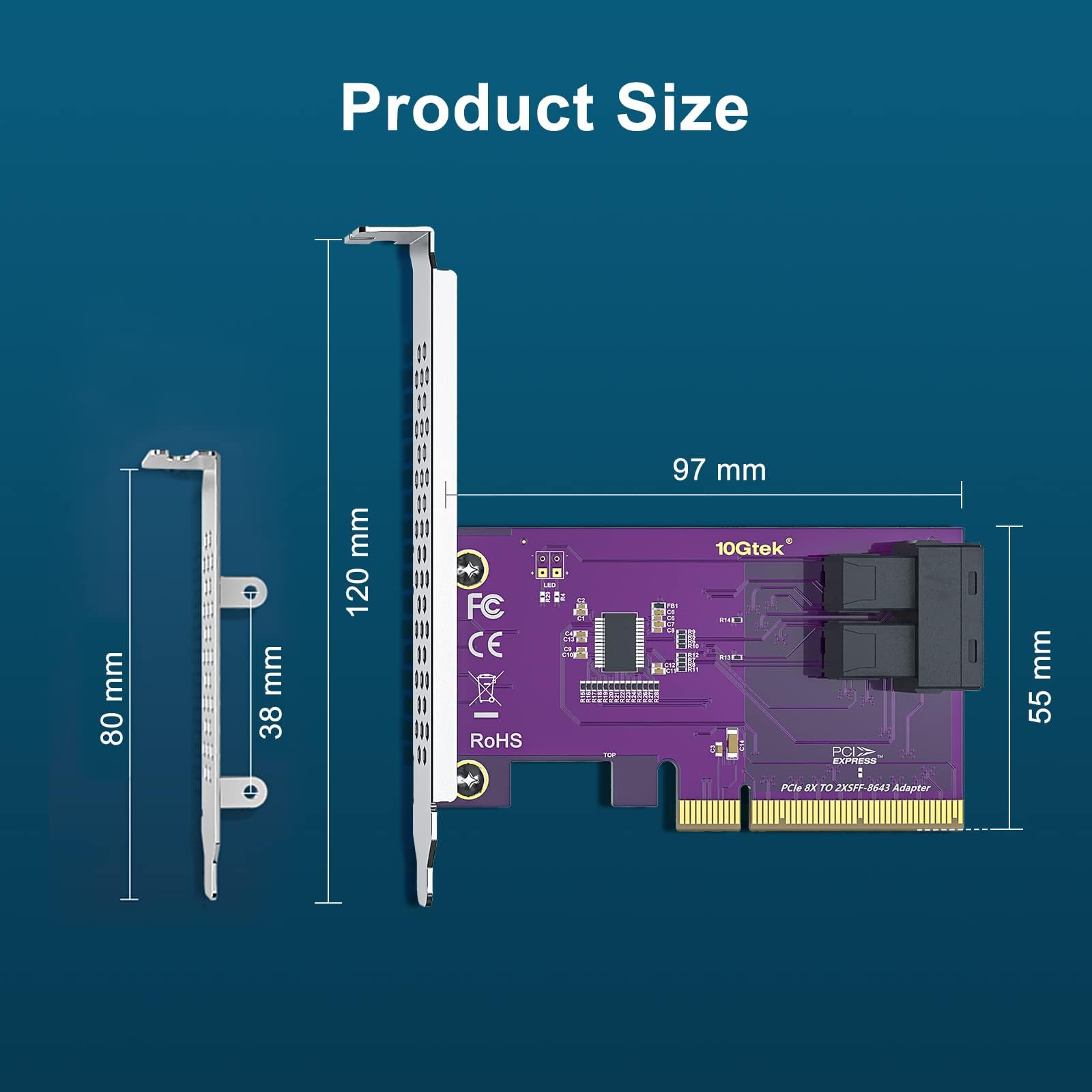 Pcie To Sff 8643 Adapter For U.2 Ssd, X8, (2) Sff 8643, Requires Motherboard Bios Support For Bifurcation, Support Windows 10/20