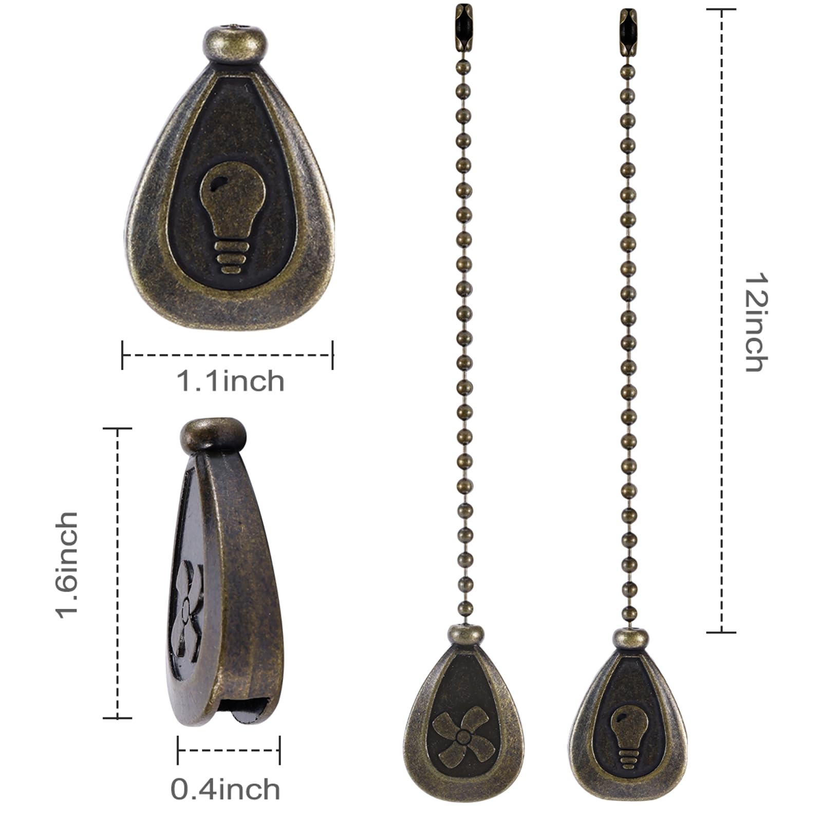 4 Pack Bronzed Ceiling Fan Pull Chain Extension, 12 Inches Classic Drop Shaped Pendant Pull Chains For Ceiling Fans And Lights,