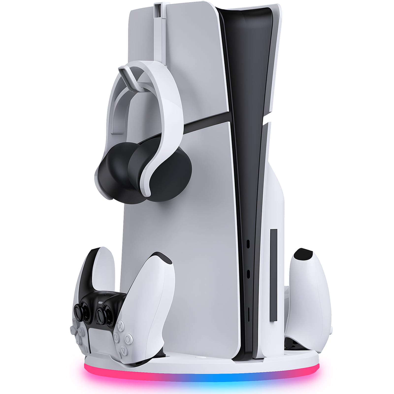 Stand with Dual Controller Charger for PS5 Slim - Vertical Console Stand with Headset Hook for PlayStation 5 - Cool RGB Lights -