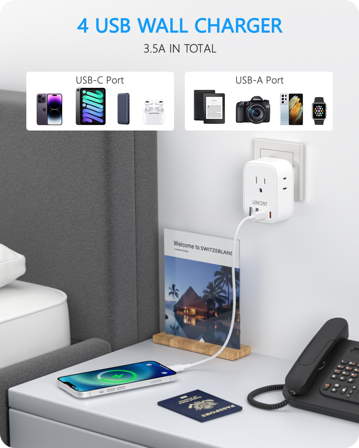 LENCENT Travel Plug Adapter - Type J Converter with 4 Outlets & 4 USB Ports, White, Model PA050USSW for Switzerland & Liechtenstein