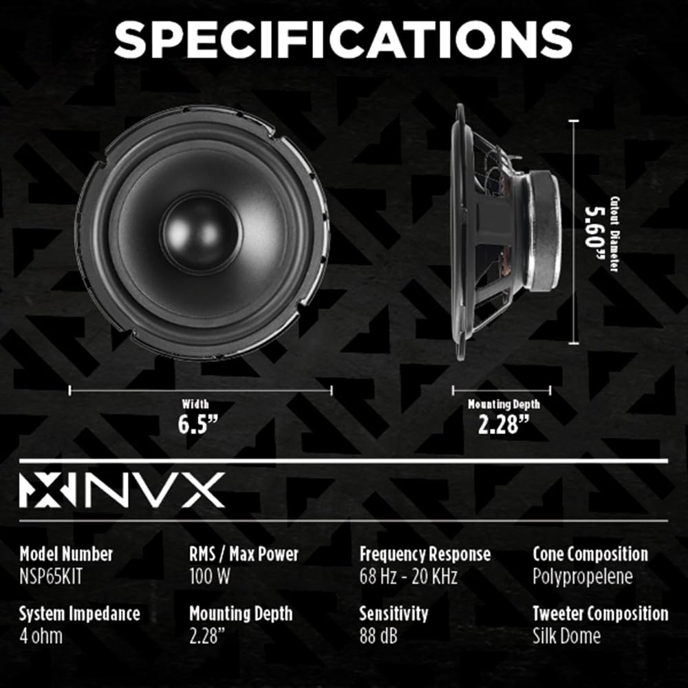 Nvx Nsp65Kit 6.5 Car Speakers, 600W Max, 200W Rms, 2-Way Component System W/Silk Dome Tweeters & Passive X-Overs, Easy To Instal