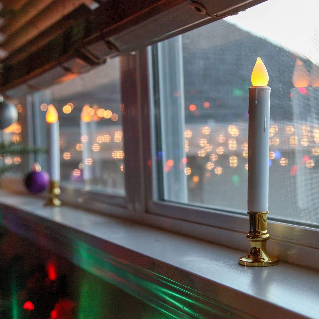 Wondise White Flameless Flickering Taper Candles   Battery Operated With Remote & Timer, Gold Holders, Suction Cups, Christmas W