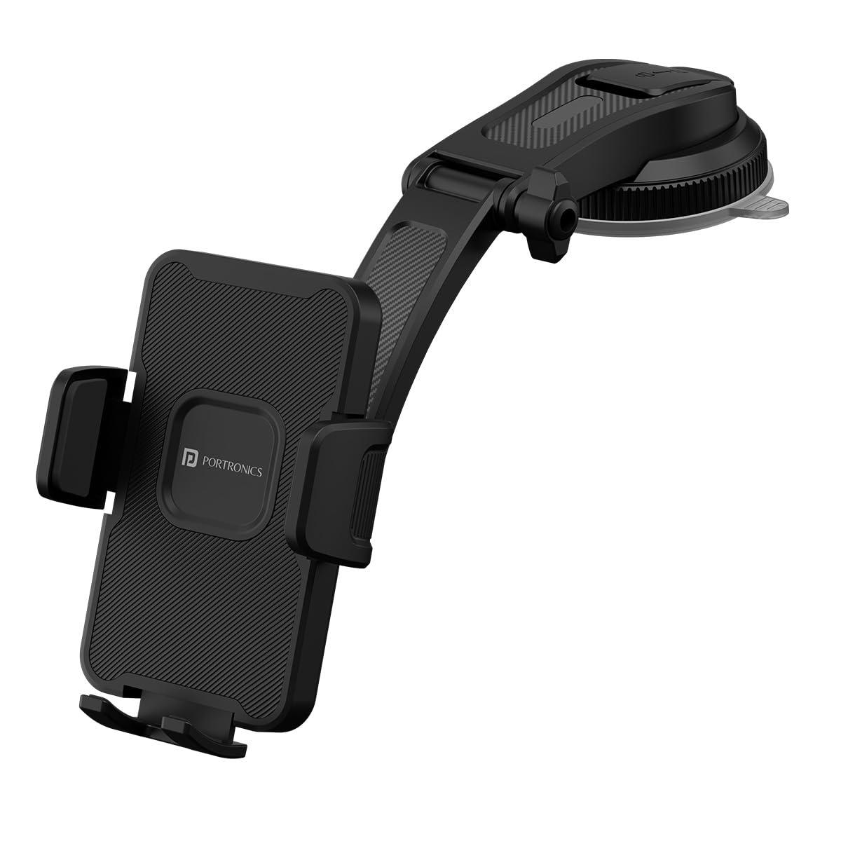Portronics Clamp M5 Car Phone Holder Stand with Grip Rotation, Strong Hold, Suction Cup Mount, Single Hand Use, Shockproof Build