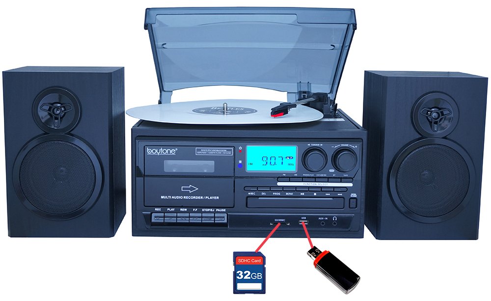 Boytone Bt 28Spb, Bluetooth Classic Style Record Player Turntable With Am/Fm Radio, Cassette Player, Cd Player, 2 Separate Stereo Speakers, Record Vinyl, Radio, Cassette To Mp3, Sd Slot, Usb, Aux
