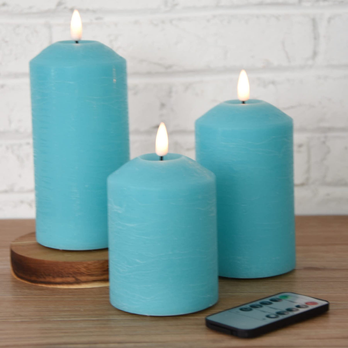 Eywamage Turquoise Blue Flameless Pillar Candles With Remote, Flickering Cone Top Led Wax Battery Candles Set Of 3