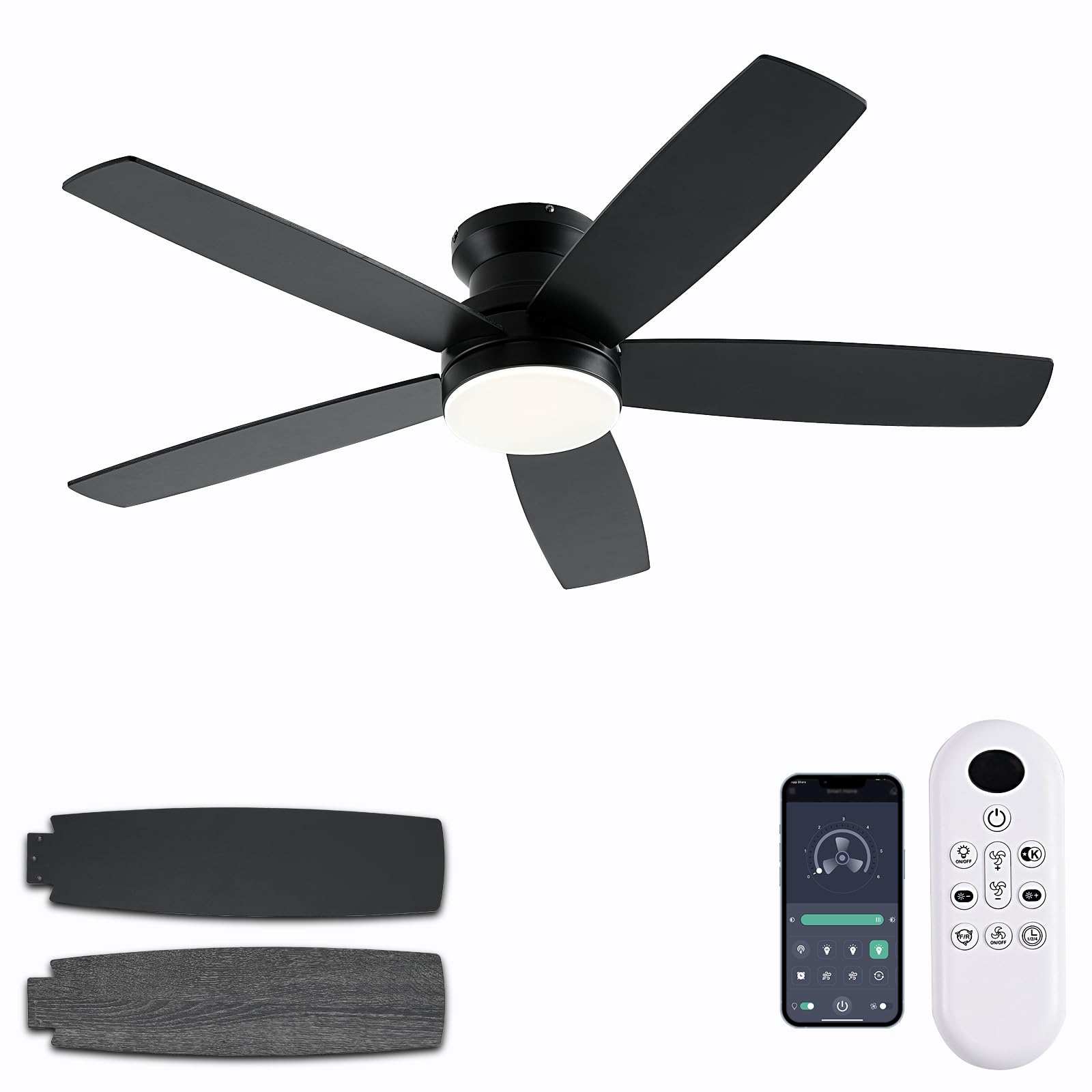 NKPU Black Ceiling Fans with Lights, 48Inch Low Profile Ceiling Fan with Light and Remote/App Control, Flush Mount, Reversible D