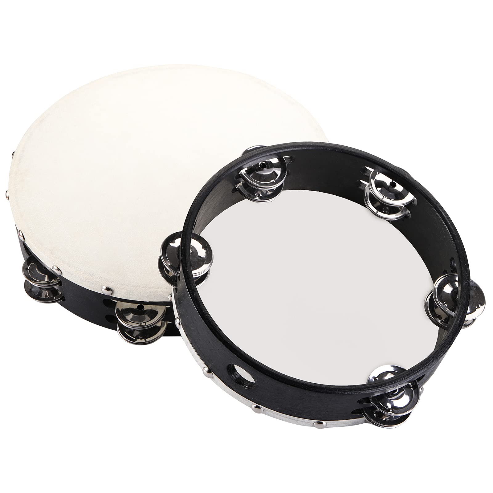 Foraineam 2 Pieces (8 Inch And 10 Inch) Wood Handheld Tambourine, Double Row Metal Jingle Bells Wooden Tambourine Drum Musical P