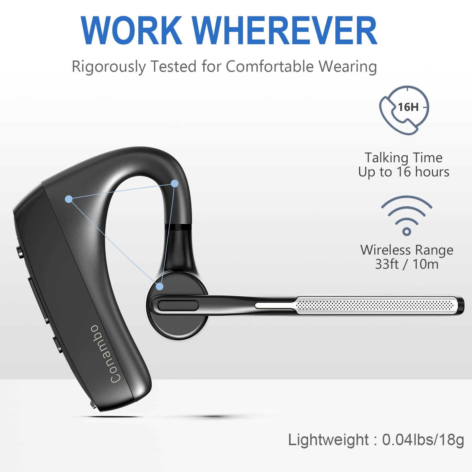 Conambo Bluetooth Headset V5.1, 16 Hrs Hd Talktime Cvc8.0 Dual Mic Noise Cancelling Hands Free Bluetooth Earpiece For Cell Phone Iphone Android Driving Business Office