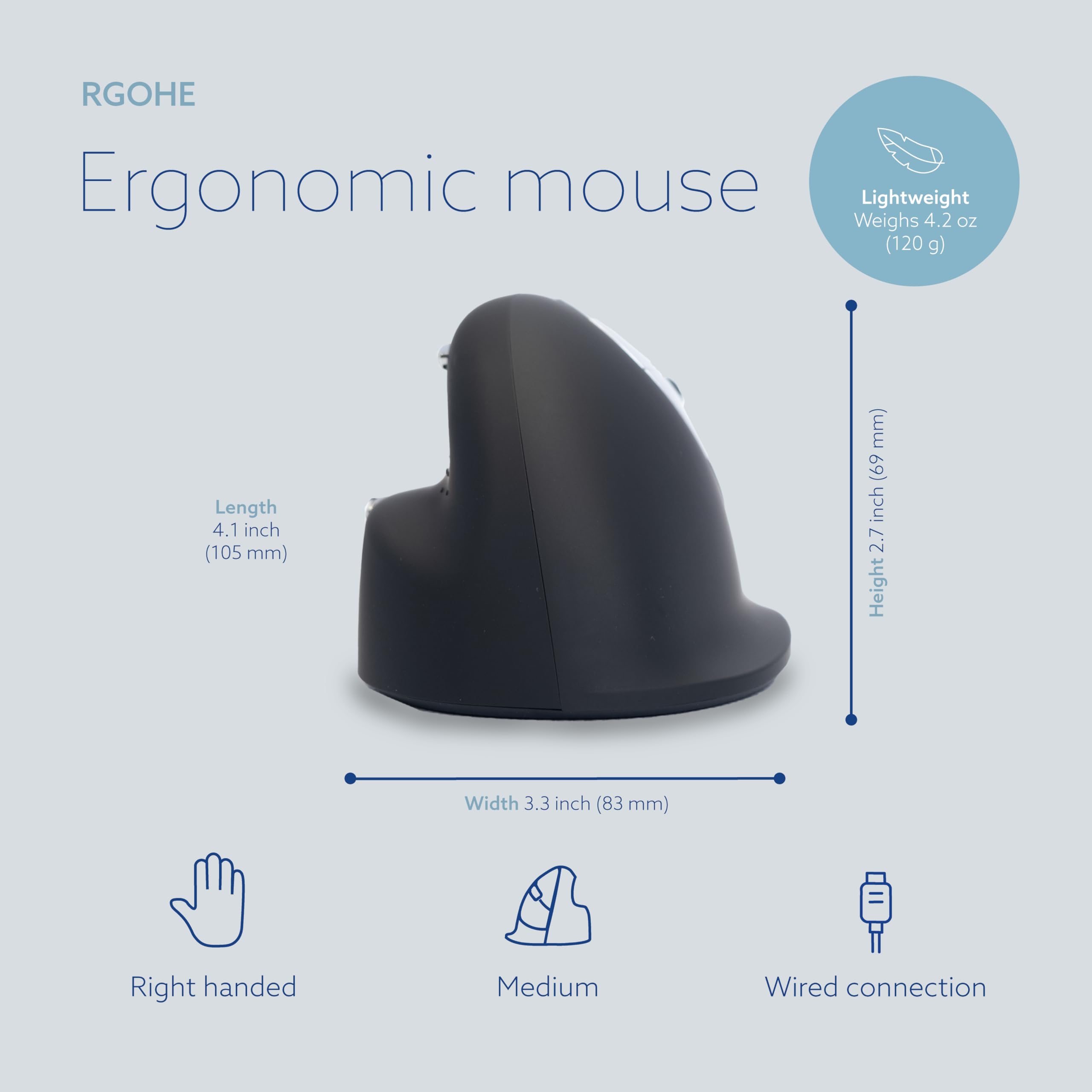 R Go He Vertical Ergonomic Mouse, Break Software, Wired Usb C Usb A Converter, Prevents Tennis Elbow/Mouse Arm Rsi, Silent Click
