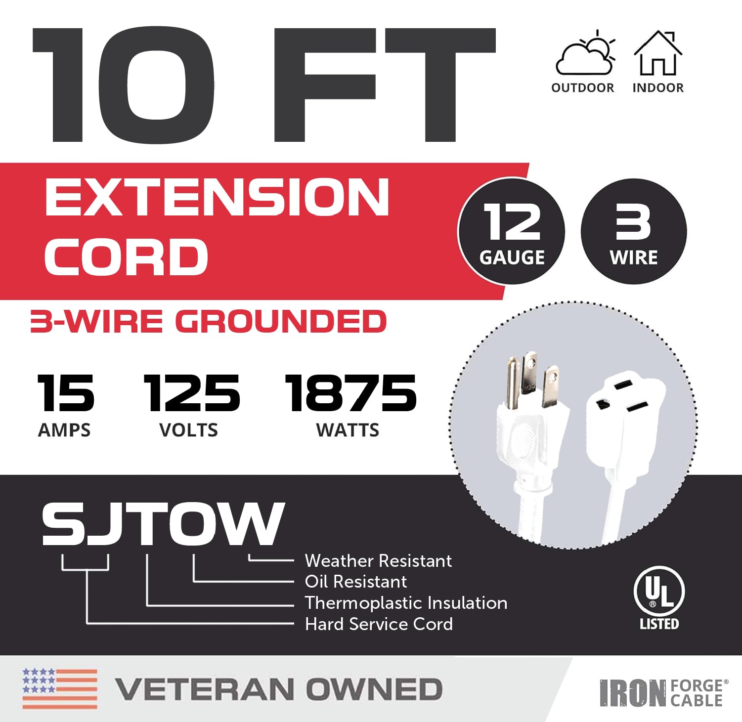 Iron Forge Cable 12 Gauge Extension Cord 10 Ft, Sjtow Water & Oil Resistant 10 Foot Heavy Duty Extension Cord 3 Prong, 10' White