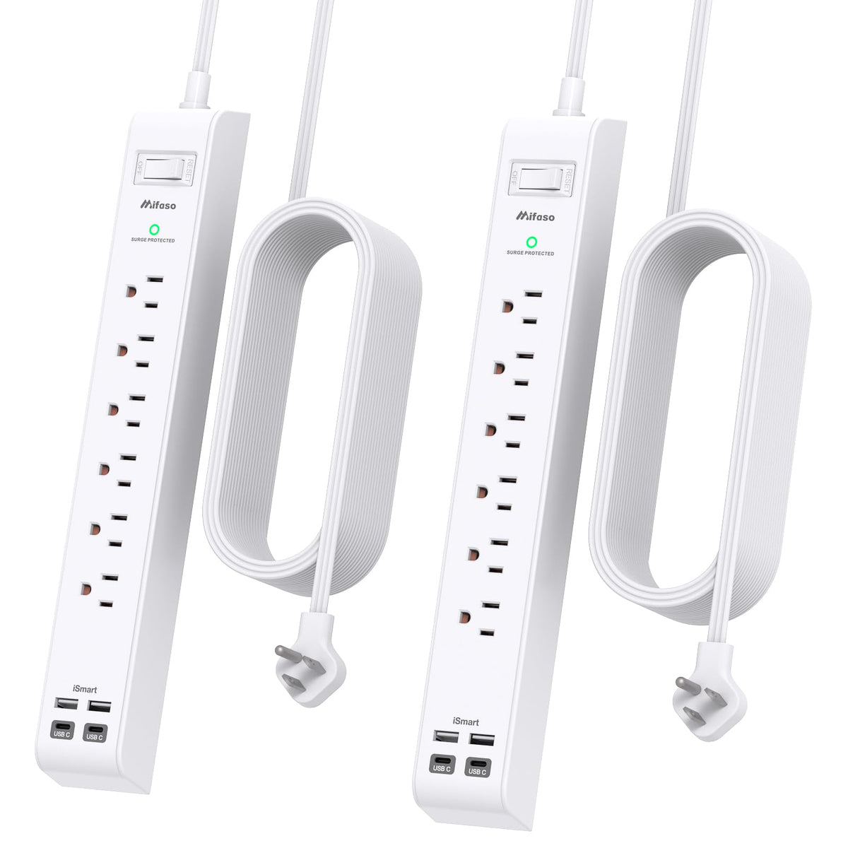 2 Pack Power Strip, 15Ft Long Extension Cord, Surge Protector With 6 Outlets And 4 Usb Charging Ports(2 Usb C), Flat Plug Overlo