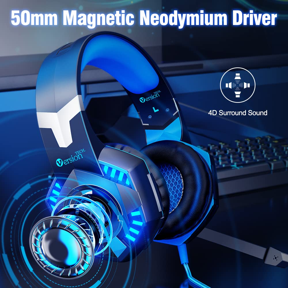 Versiontech. G2000 Gaming Headset For Ps5 Ps4 Xbox One Controller,Bass Surround Noise Cancelling Mic, Over Ear Headphones With L