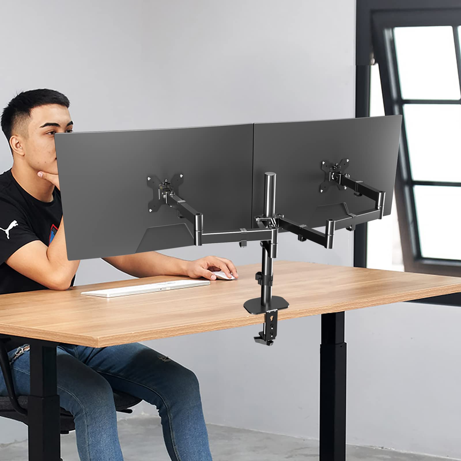 Pholiten Dual Monitor Stand For 13 32Inch Screen,Extra Long Monitor Arm Desk Mount,Fully Adjustable 27.95 Inch Monitor Arm,Each