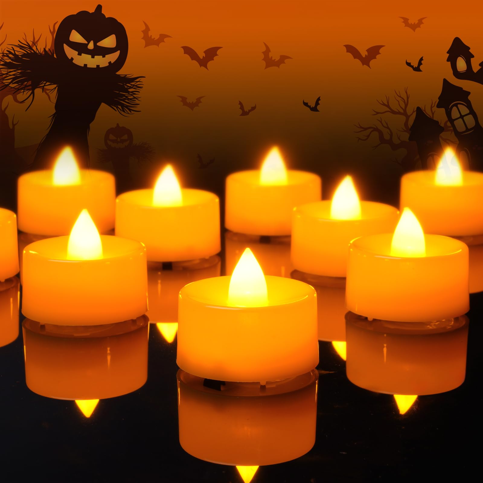 Amagic Halloween Orange Led Tea Lights Candles, 24 Pack Battery Operated Flameless Tea Lights, Long Lasting Colored Tealights Ca