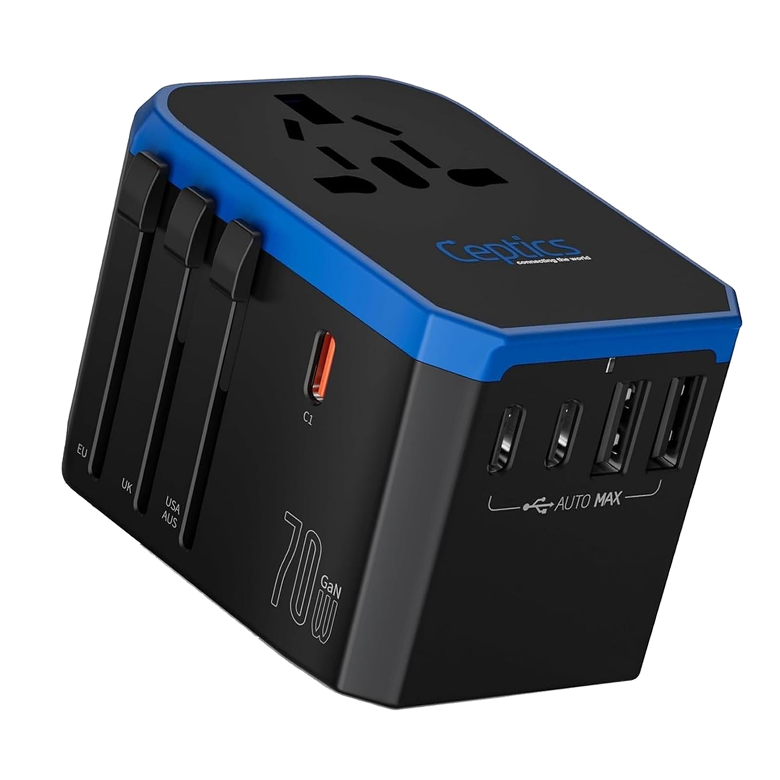 Ceptics 70W World International Travel Plug Adapter   Powerful Gan Tech With Pd & Qc 3.0 Dual 3X Usb C Power   2 Usb Ports Wall Charger Type I C G A Outlets 110V 220V A/C   Eu Euro Us Uk (70 Ku)