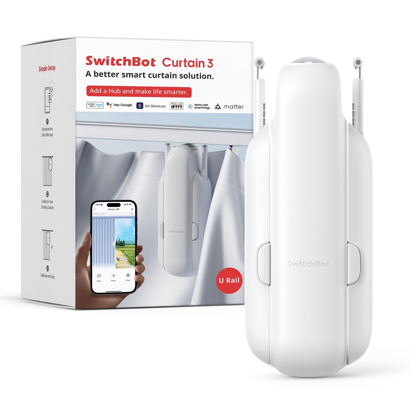 Switchbot Automatic Curtain Opener   Bluetooth Remote Control Smart Curtain With App, Upgraded High Performance Motor, Add Switchbot Hub To Work With Alexa, Google Home, Homekit (Curtain 3, U Rail)