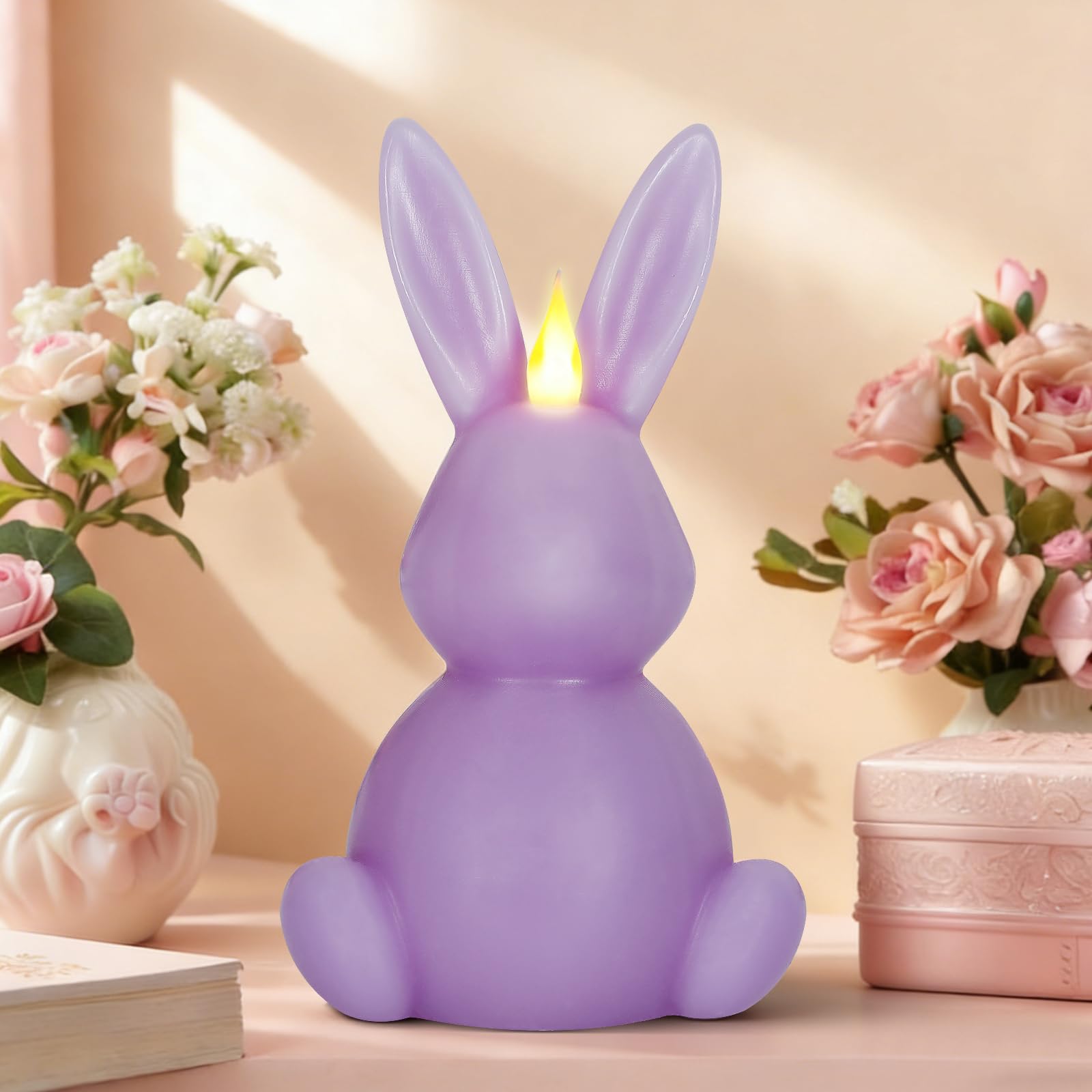 Leorate Purple Easter Bunny Flameless Candle,Real Wax Carved LED Candle,Scented Bunny Shape Flame Candle Set for Home Living Roo