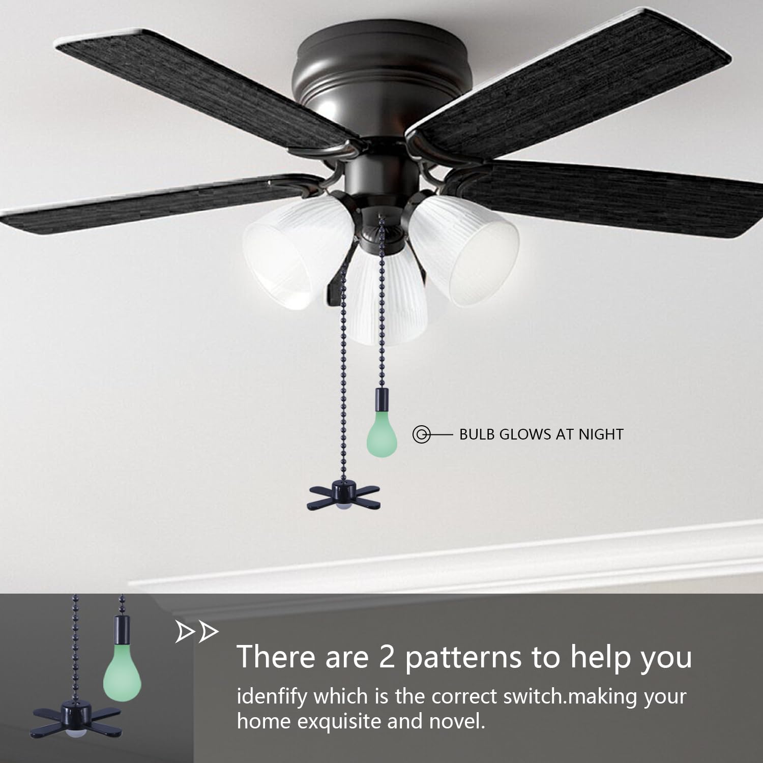 Dotlite Black Ceiling Fan Pull Chain Set, 2Pack 3Mm Diameter Beaded Fluorescent Decorative Pendant Extension, 12In Lighting & Fa