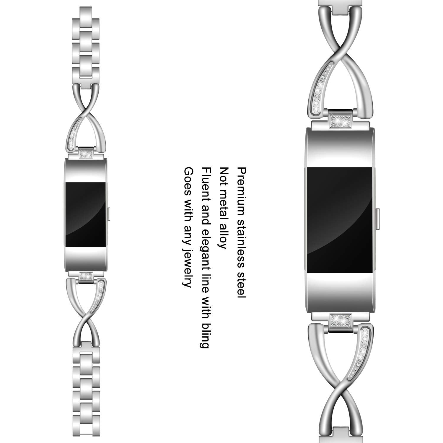 Mtozon Bands Compatible With Fitbit Charge 2, Slim Bling Metal Bands With Rhinestone Replacement Bracelet Women, Silver