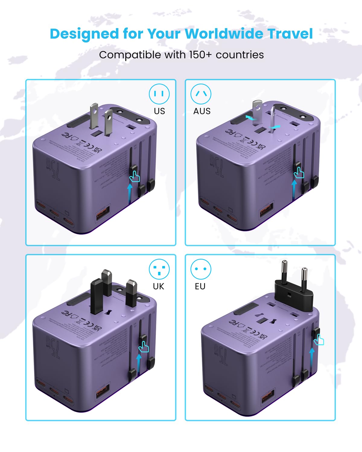 Universal Travel Adapter, Vintar 75W Gan International Power Adapter With 3 Usb C Pd And 2 Usb A Qc, All In One Travel Essential