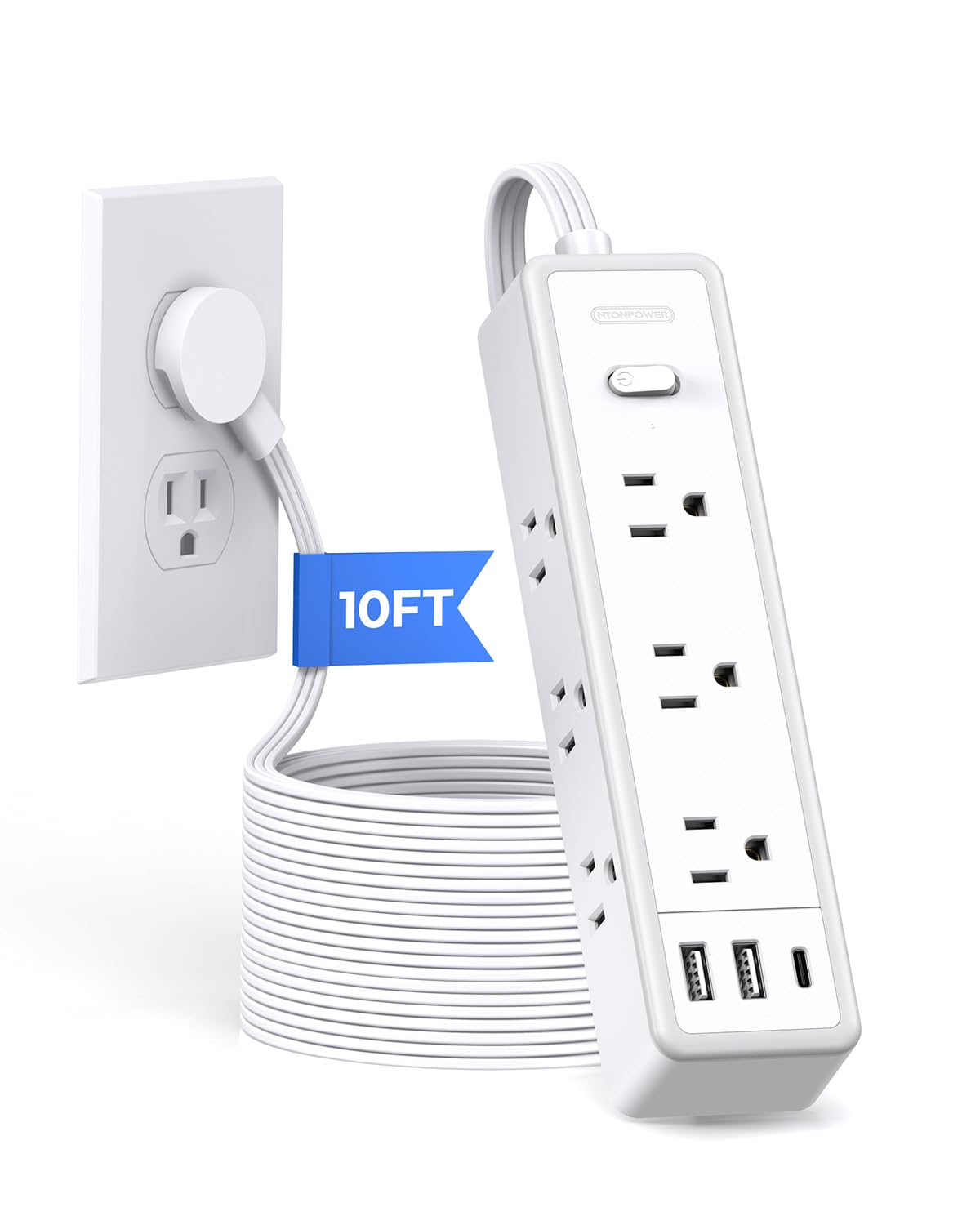 Surge Protector Power Strip 10 Ft, Flat Extension Cord With 9 Widely Outlets 3 Usb Ports(1 Usb C), 1080J, Flat Plug, 3 Side Exte