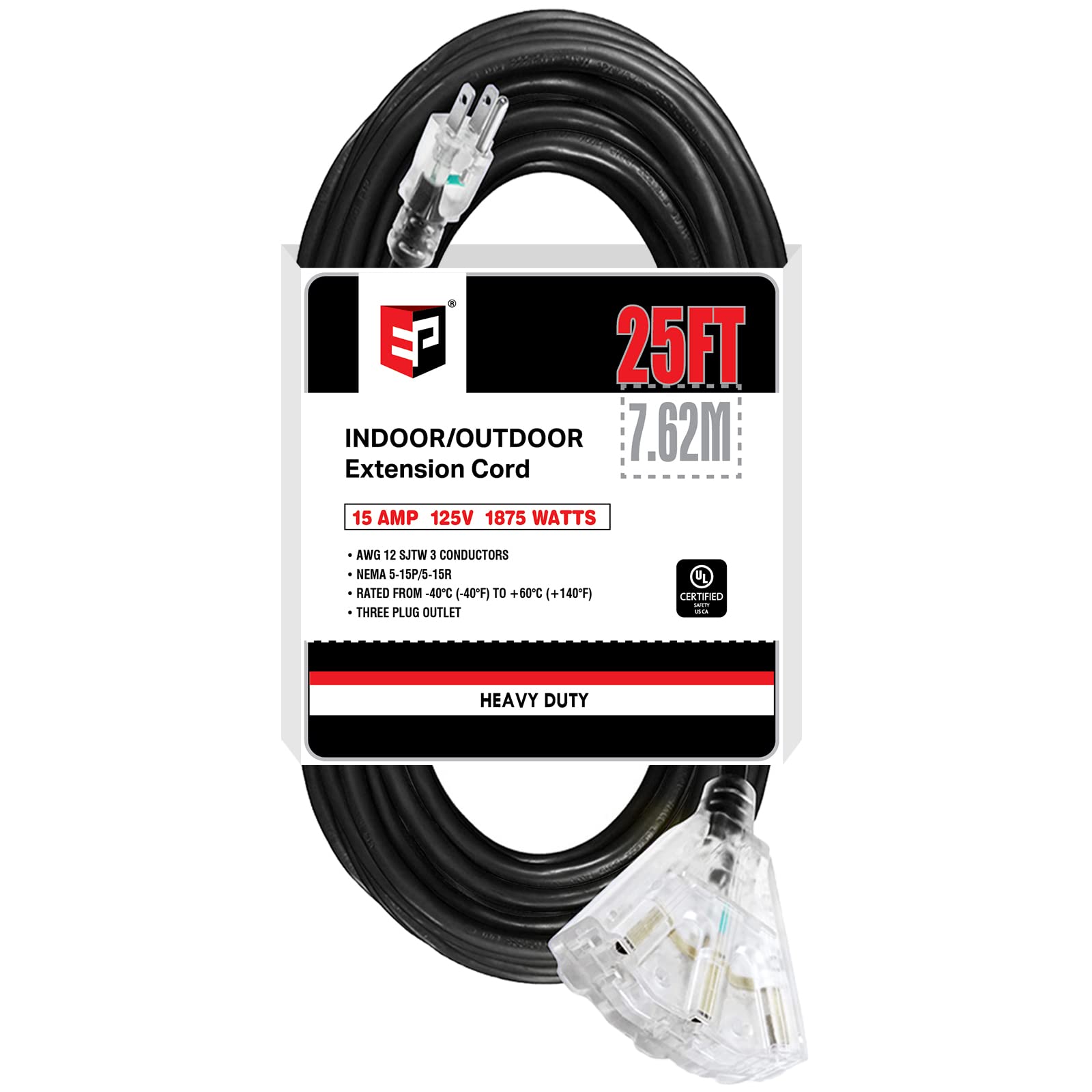 Ep 25 Ft Lighted Outdoor Extension Cord With 3 Electrical Power Outlets   12/3 Sjtw Heavy Duty Black Extension Cable With 3 Pron