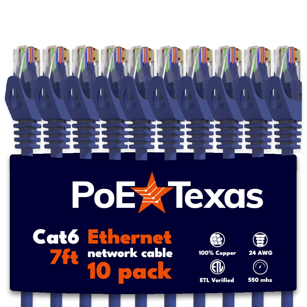 Poe Texas Cat 6 Ethernet Cable 7 Ft   10 Pack   Snagless Patch Cable   10 Gigabit High Speed 24Awg Network Cable   Cat6 Ethernet Cable Cat 6 Cable   Cat 6 Internet Cable Ethernet Cord (Blue, 7 Feet)
