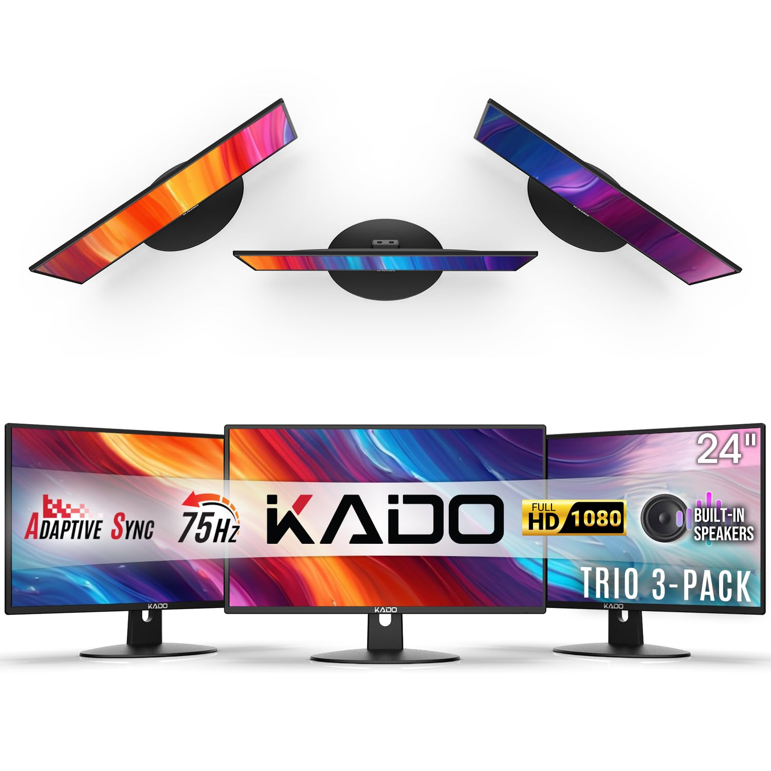 Kado Triple Monitor Setup   3 Pack 24'' 1920X1080 Computer Monitor 75Hz Vesa Mount Hdmi Office Gaming Hybrid Built In Speakers (