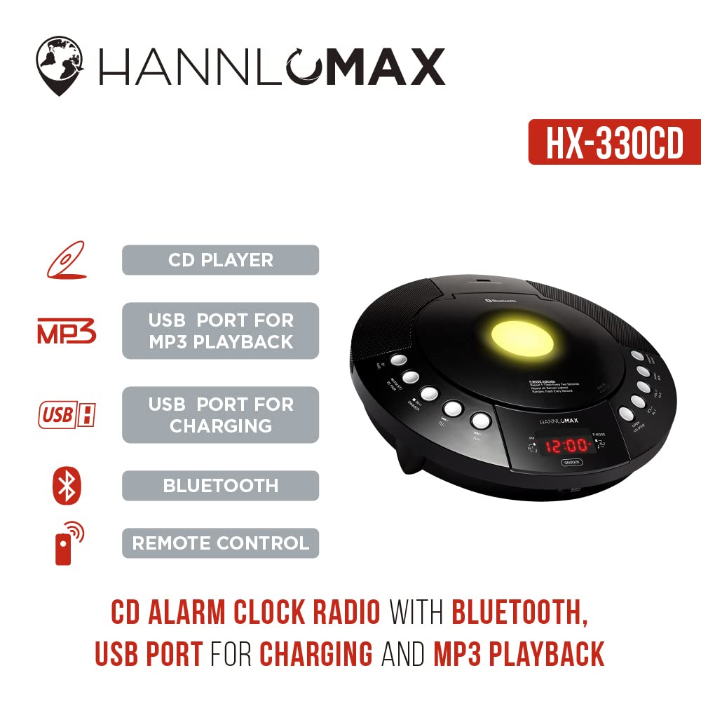 Hannlomax Hx 330Cd Cd Player, Fm Radio, Bluetooth, Alarm Clock, Red Led Display, Usb Port For Charge/Mp3 Playback, Aux In, Remot