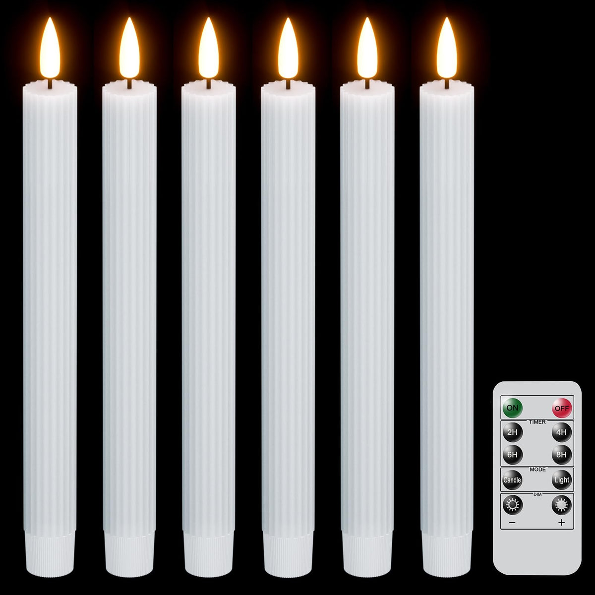 Dromance White Flameless Flickering Taper Candles Battery Operated With Remote And Timer 6 Packs 3D Wick Vertical Stripe Real Wa
