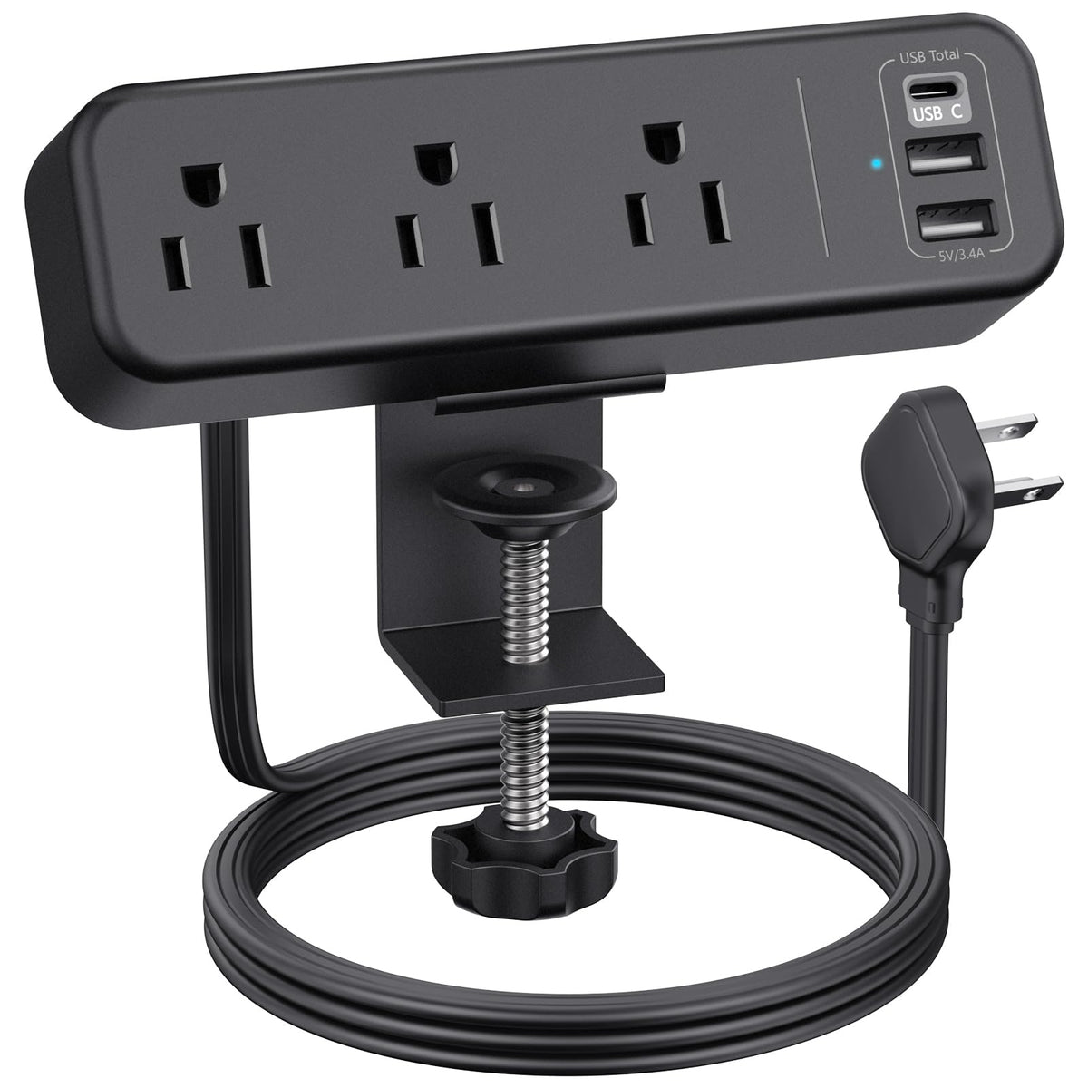 3 Outlet Desk Clamp Power Strip With Usb C, Black Flat Plug Desktop Edge Clamp Power Socket Connect 6.5 Ft Thin Extension Cord F