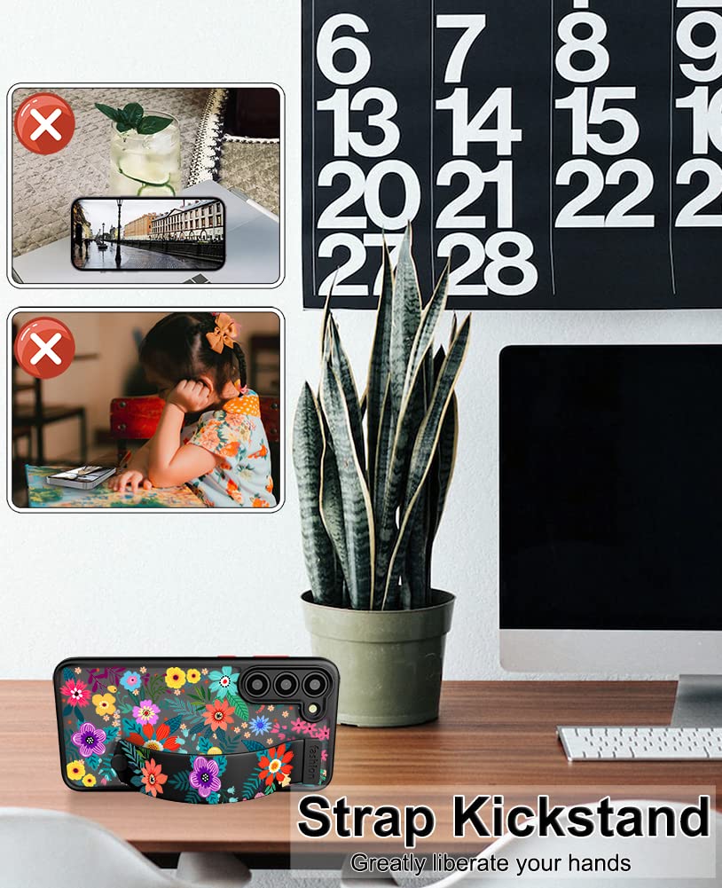 Cisland Cute Samsung Galaxy S23 Case With Strap Stand Finger Kickstand, Cute Case For Women Girly Floral For Girls Aesthetic Coo