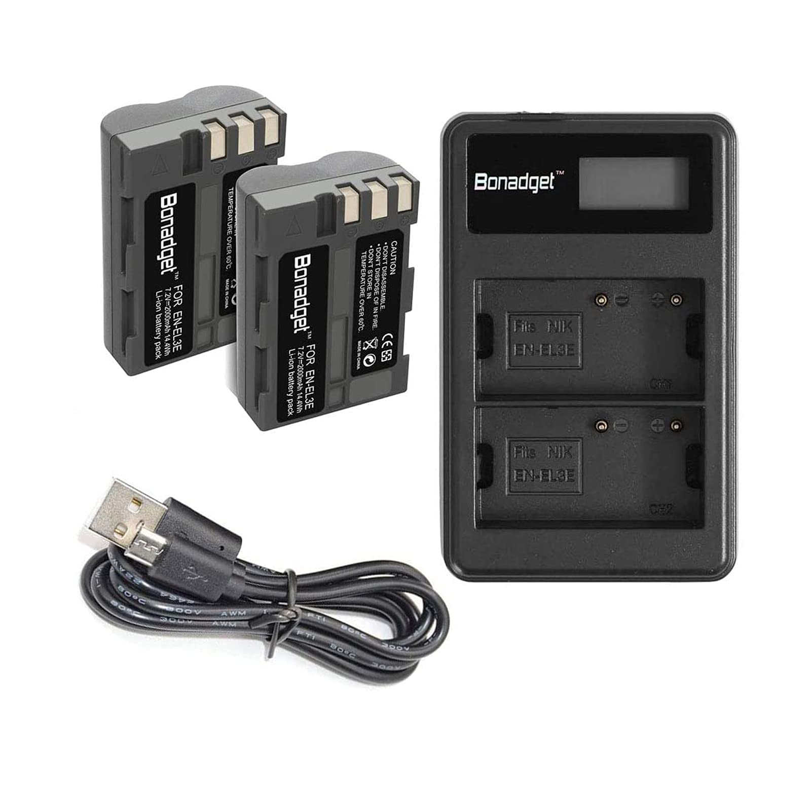 Bonadget 2 Pack 2000Mah En El3 En El3A Replacement Battery And Lcd Dual Charger Compatible With Nikon D700 D90 D300S D300 D200 D