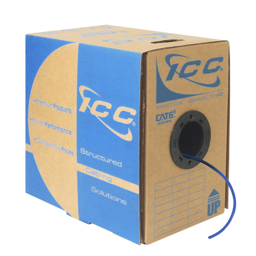 ICC Cat6e CMP Plenum 1000ft UTP 23AWG Solid Pure Copper, True Plenum Certified by UL Bulk Ethernet Cable, PoE++, 600MHz, Reelex No Tangle Pull Box, TAA, National Electrical Code Compliant, Blue