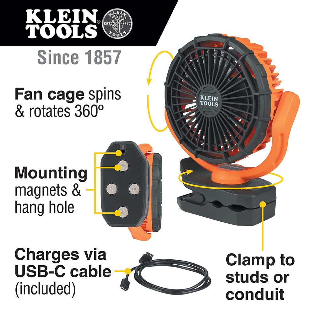 Klein Tools Pjsfm2 Lithium Battery Operated Fan, Rechargeable Mini Usb Fan With Clip On, Hang Hole, And Magnet Mounting, Portabl