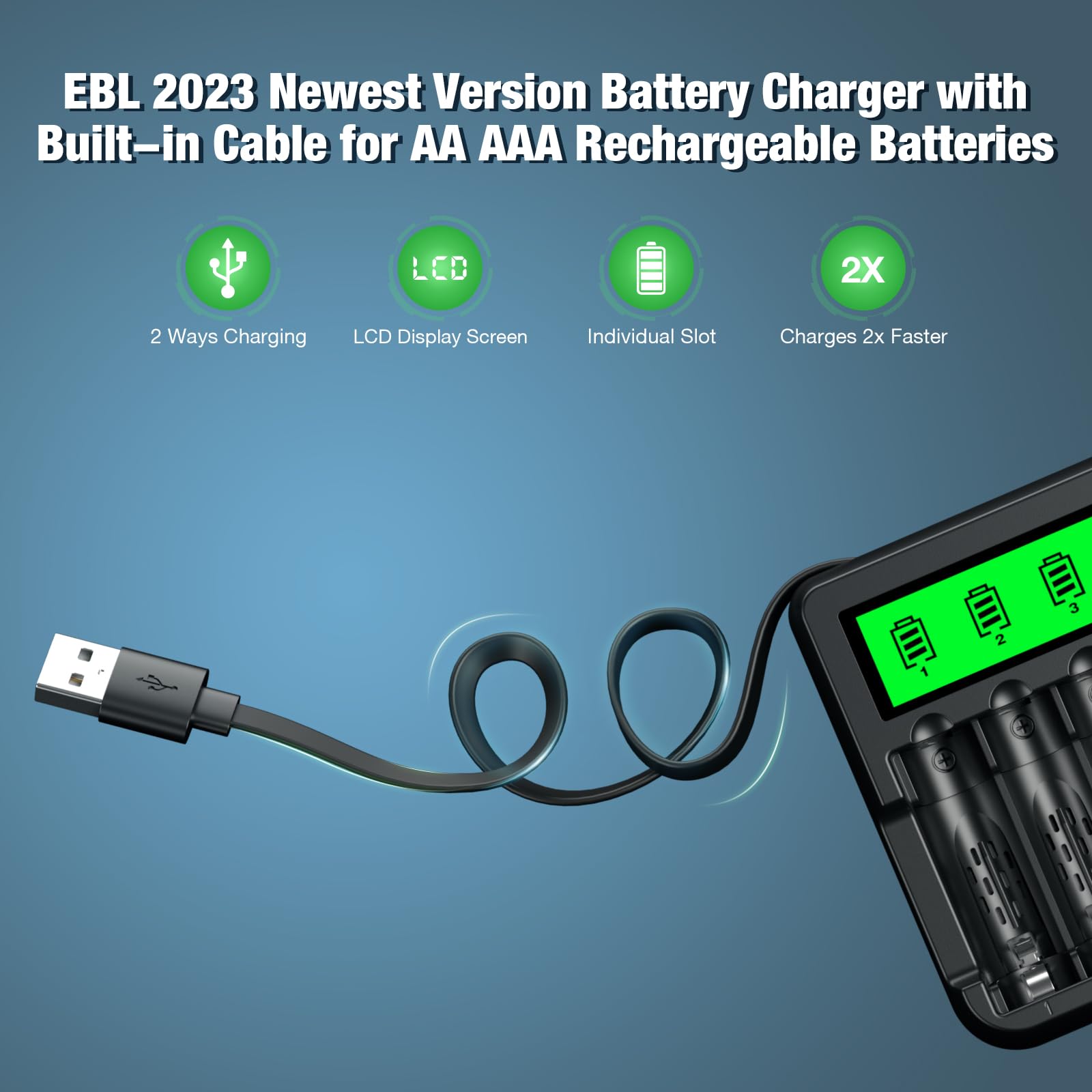 Ebl Rechargeable Aa Batteries (8 Pack) And Battery Charger With Built In Charging Cable, 2300Mah Ni Mh Double A Rechargeable Bat