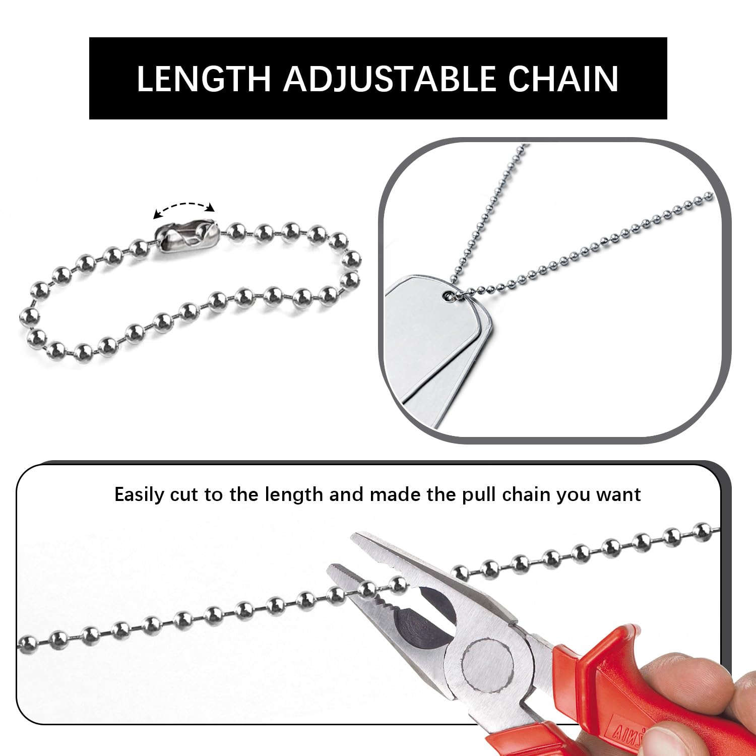 Dotlite Silver Ceiling Fan Pull Chain, 120'' Extra Long Rust Proof 3Mm Beaded Ball Light Pulls Extension Chains With 20 Connecto