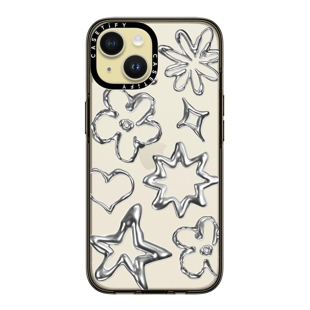 Casetify Compact Case For Iphone 15 [2X Military Grade Drop Tested / 4Ft Drop Protection]   Chrome Doodles   Clear Black