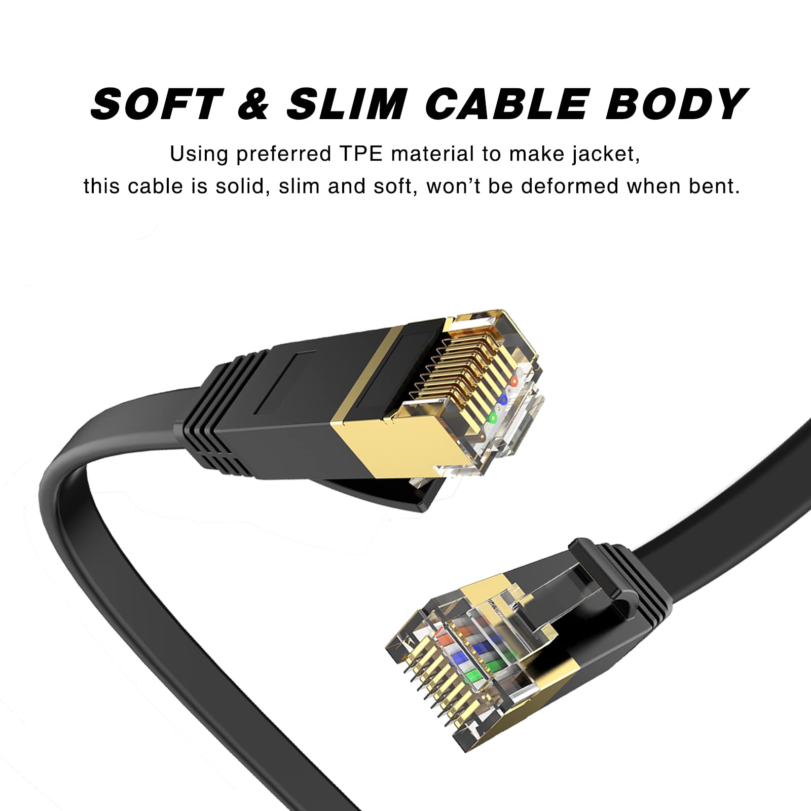 Lekvkm Cat 6 Ethernet Cable 50 Ft High Speed Rj45 Internet Cable For Outdoor & Indoor Support Cat6 Network Solid Slim Flat Black