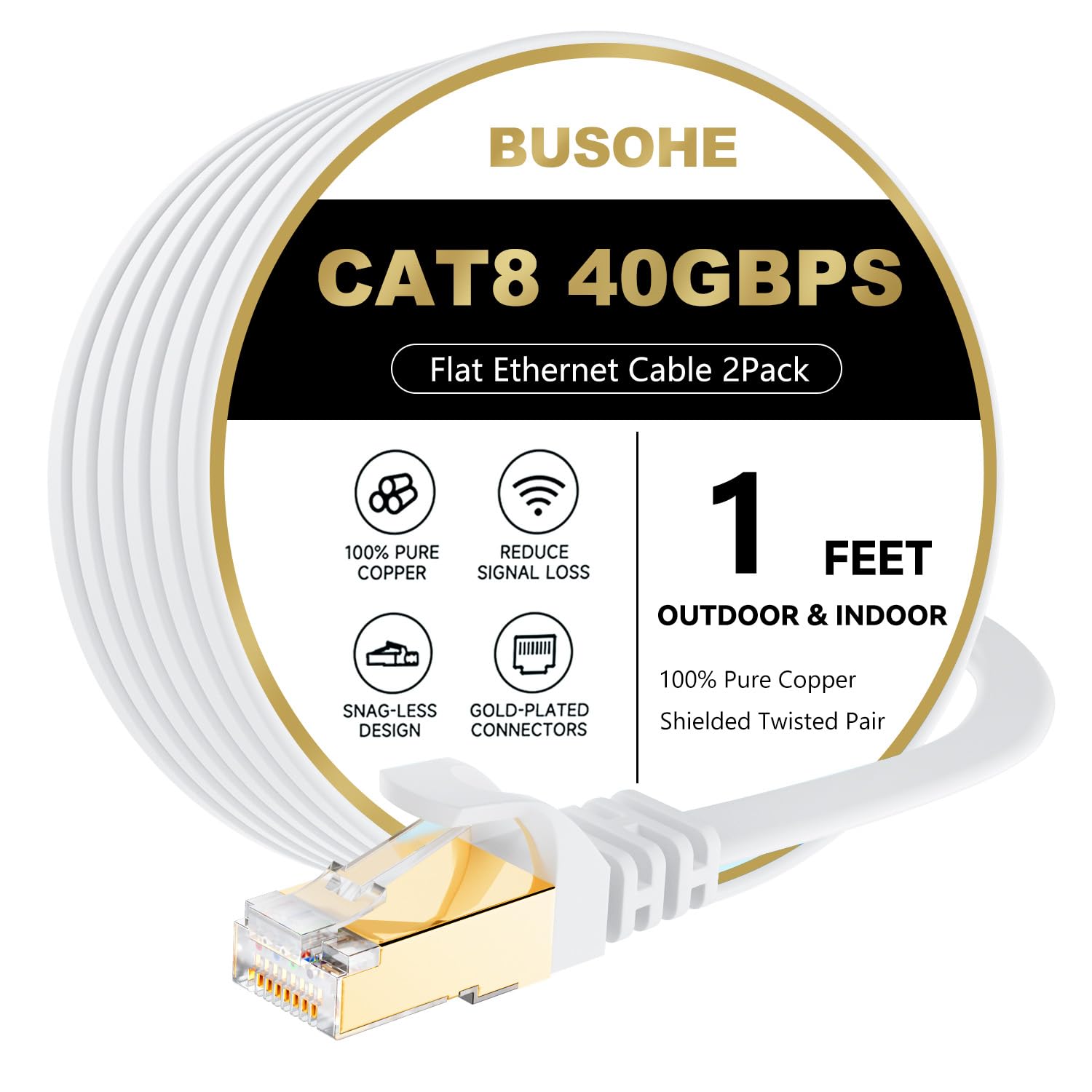 BUSOHE Cat 8 Ethernet Cable 1 FT 2Pack, 40Gbps 2000Mhz High Speed Flat Cat8 Cable Patch Cord with Gold-Plated RJ45 Connector, LA