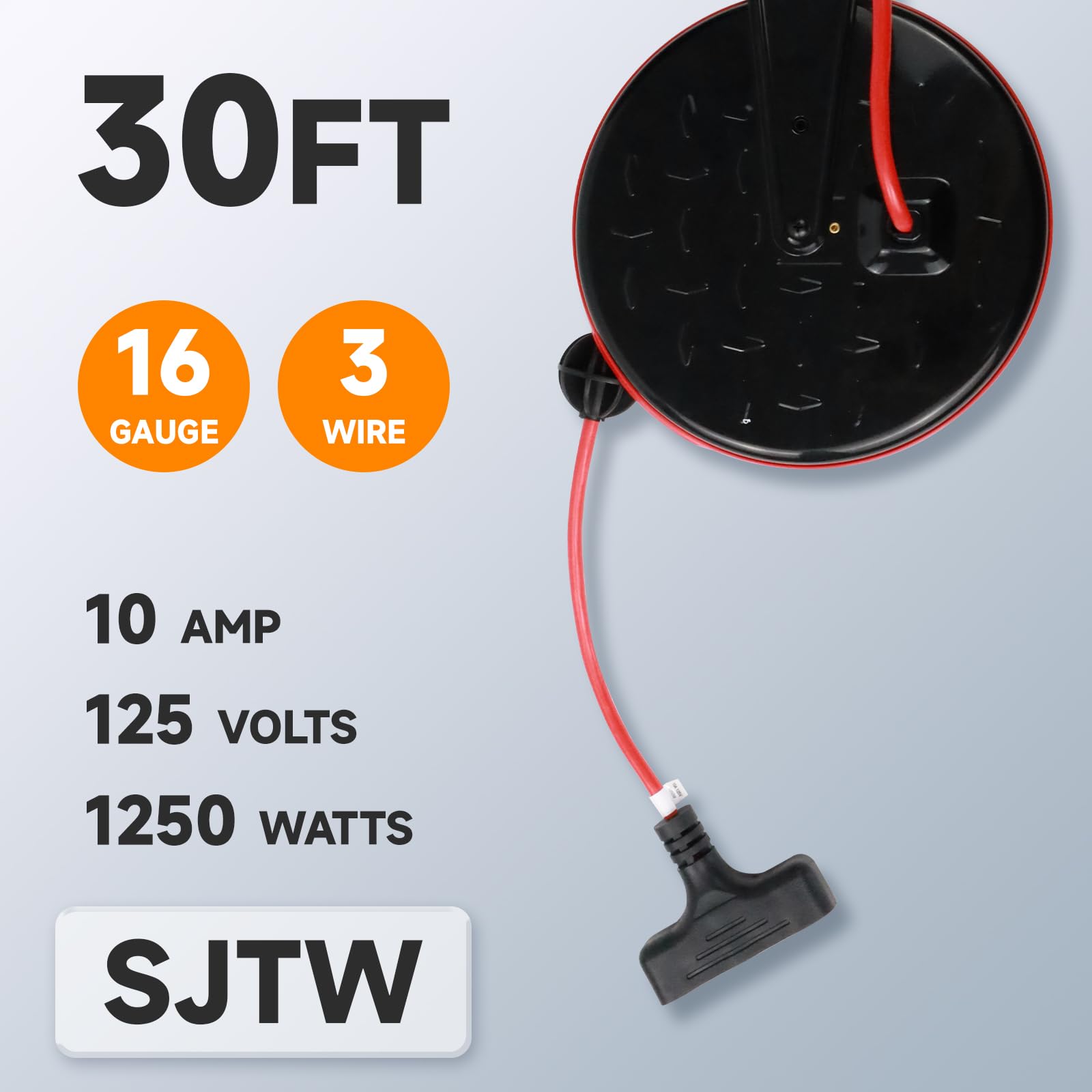 Ep 30 Ft Retractable Extension Cord Reel, 16/3 Sjtw Power Cord With 3 Electrical Outlets, Ceiling Or Wall Mount, 10 Amp Circuit