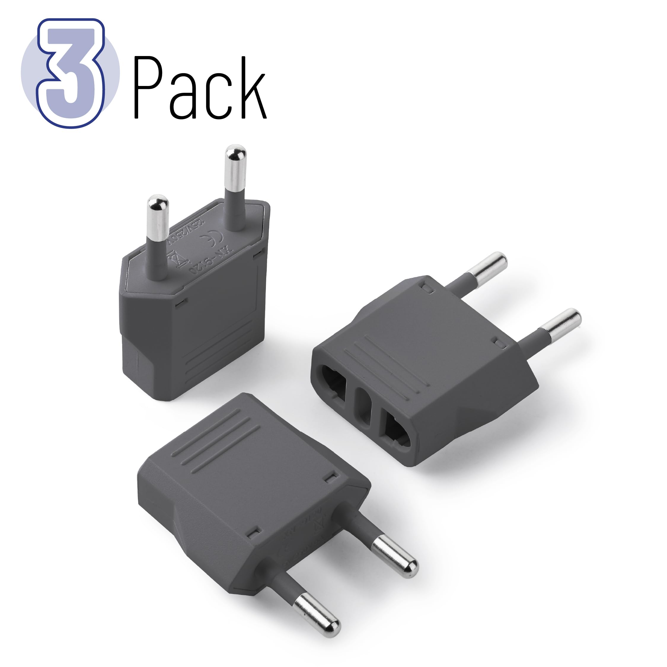 Bates  European Travel Plug Adapter, 3 Pack, Grey, European Plug Adapter, Us To Europe Plug Adapter, Adapter For Europe Plug, Us