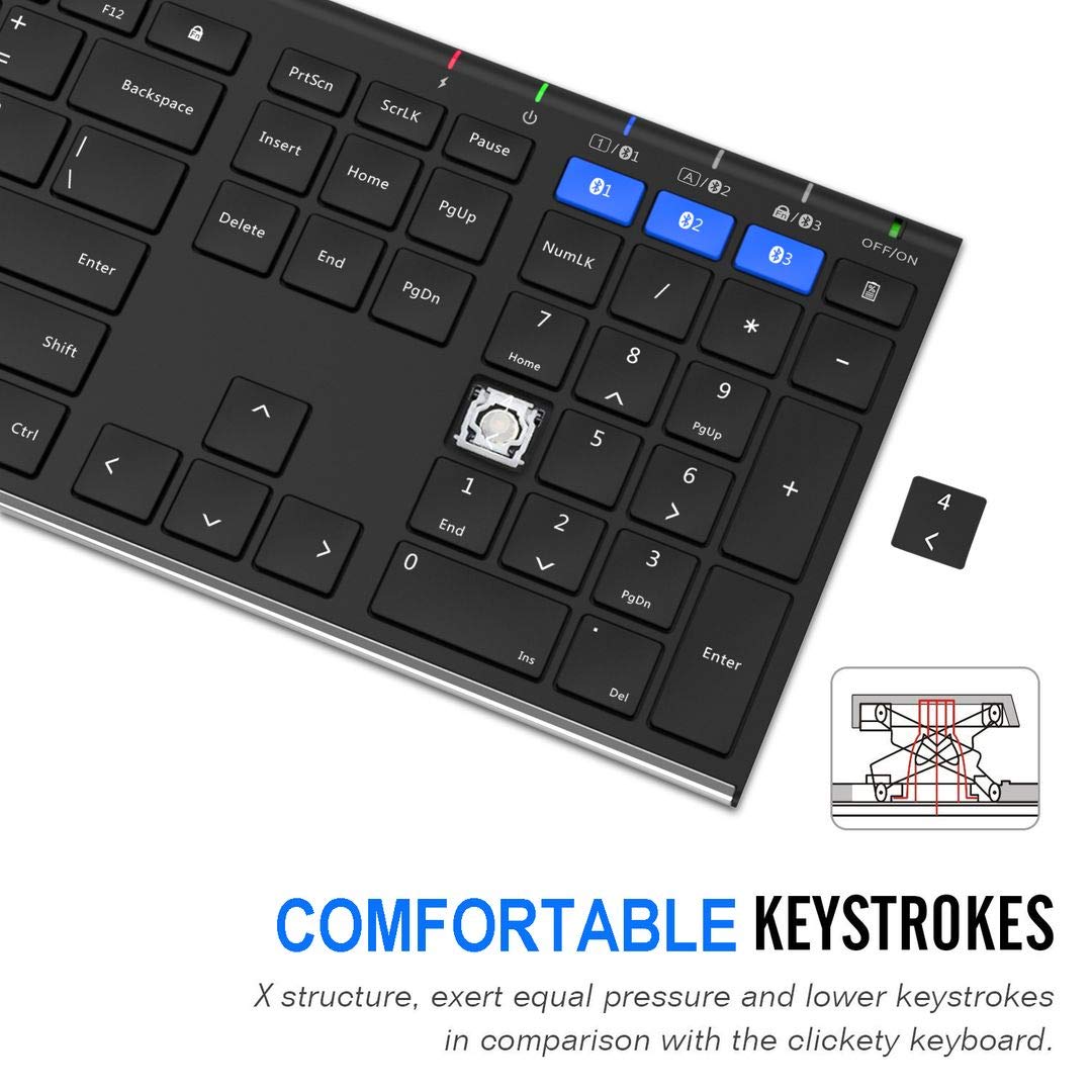 Arteck Hb192 Universal Bluetooth Keyboard Multi Device Stainless Steel Full Size Wireless Keyboard For Windows Ios Android Compu