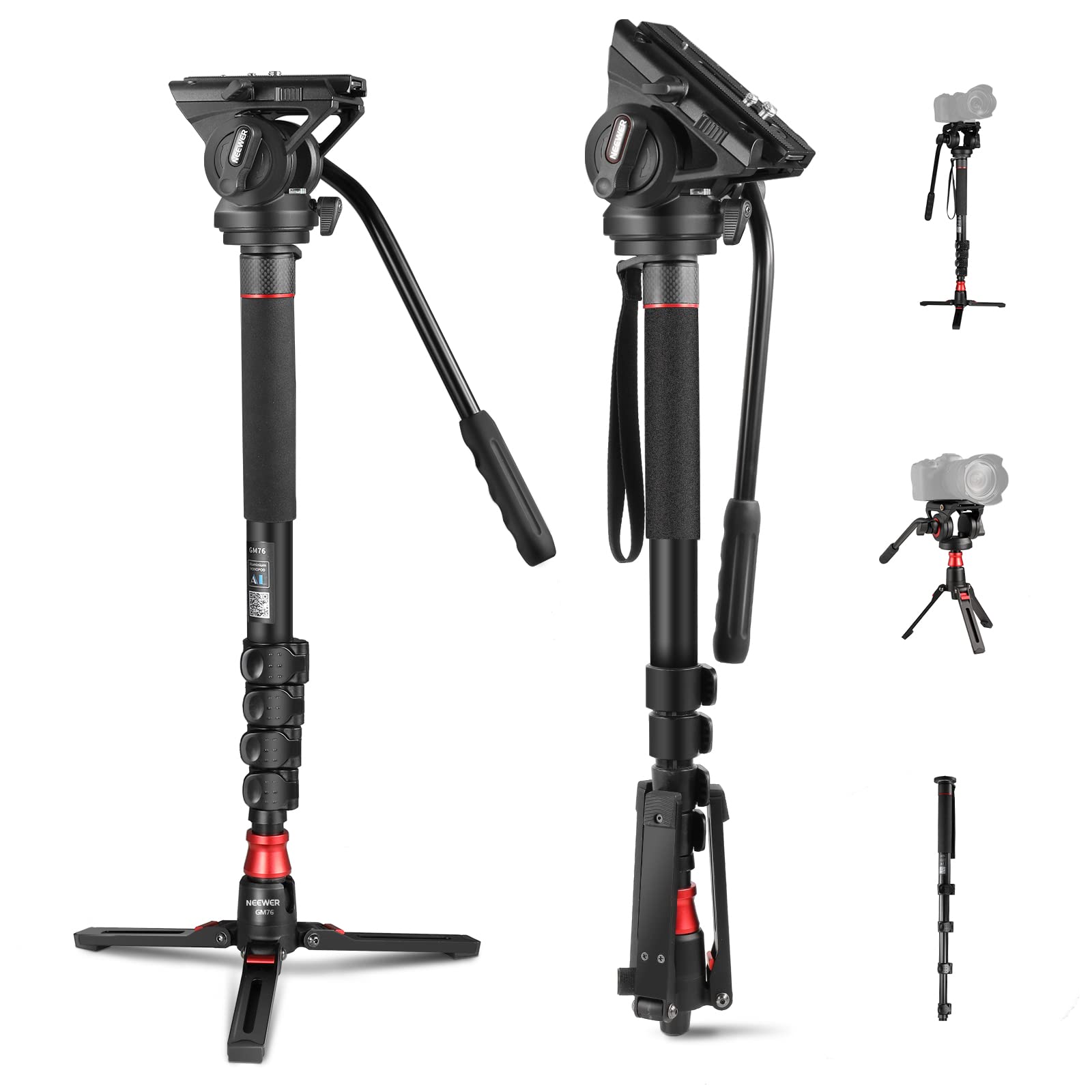 Neewer Professional Camera Monopod With Feet, 70.5''/179Cm Telescopic Portable Aluminum Travel Monopod With Pan Tilt Fluid Head 