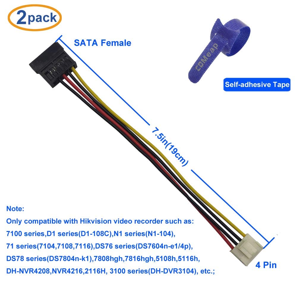 Comeap (2-Pack Sata Power Cable For Hikvision Video Recorder, 4 Pin To Sata Hard Drive Hdd Power Adapter 7.5-In(19Cm)